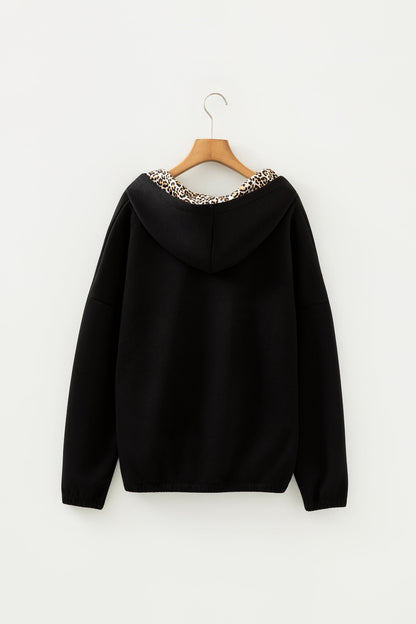 Leopard Contrast Drawstring Hood Drop Shoulder Top
