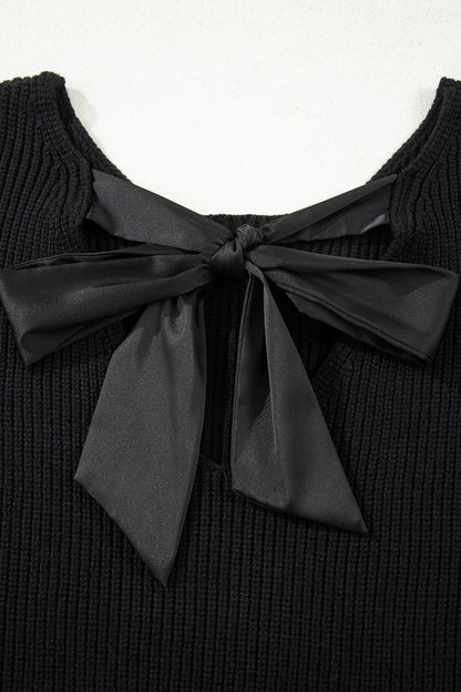 Ribbon Knot Backless Drop Shoulder Ribbed Sweater