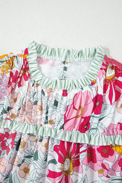 Floral Stripe Patchwork Ruffle Short Sleeve Blouse