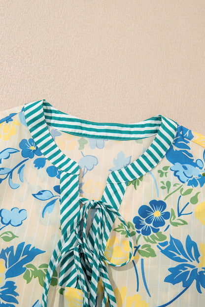 Floral Stripe Trim Puff Short Sleeve Dress