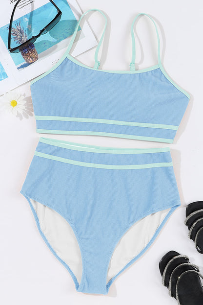 Ribbed Contrast Trim Spaghetti Strap Bikini Set