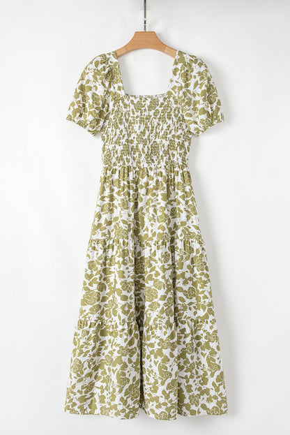 Boho Floral Smocked Square Neck Puff Sleeve Dress