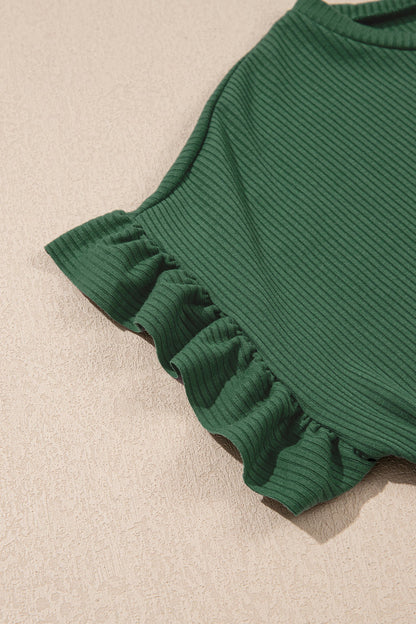 Solid Ribbed Knit Ruffle Short Sleeve T-Shirt