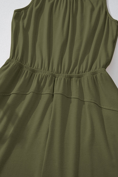 Solid Pleated Detail Sleeveless Elastic Waist Jumpsuit