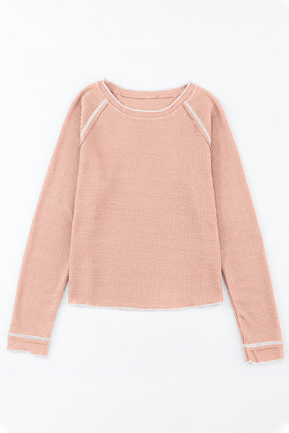 Solid Waffle Knit Round Neck Long Sleeve Top