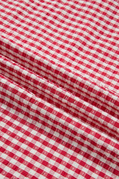 Gingham Plaid Colorblock Trim Split Neck Blouse