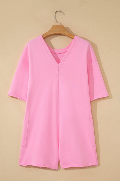 Solid Raw Edge Short Sleeve Pocketed Romper
