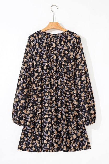 Floral Smocked V-Neck Bubble Sleeve Babydoll Dress