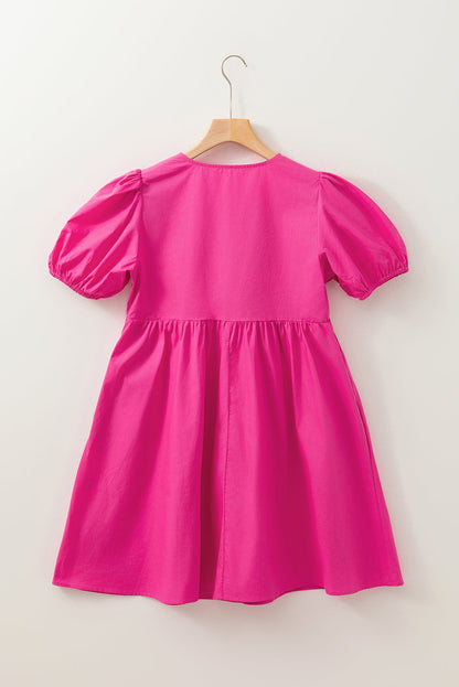 Solid Puff Sleeve Bow Tie Front Mini Dress