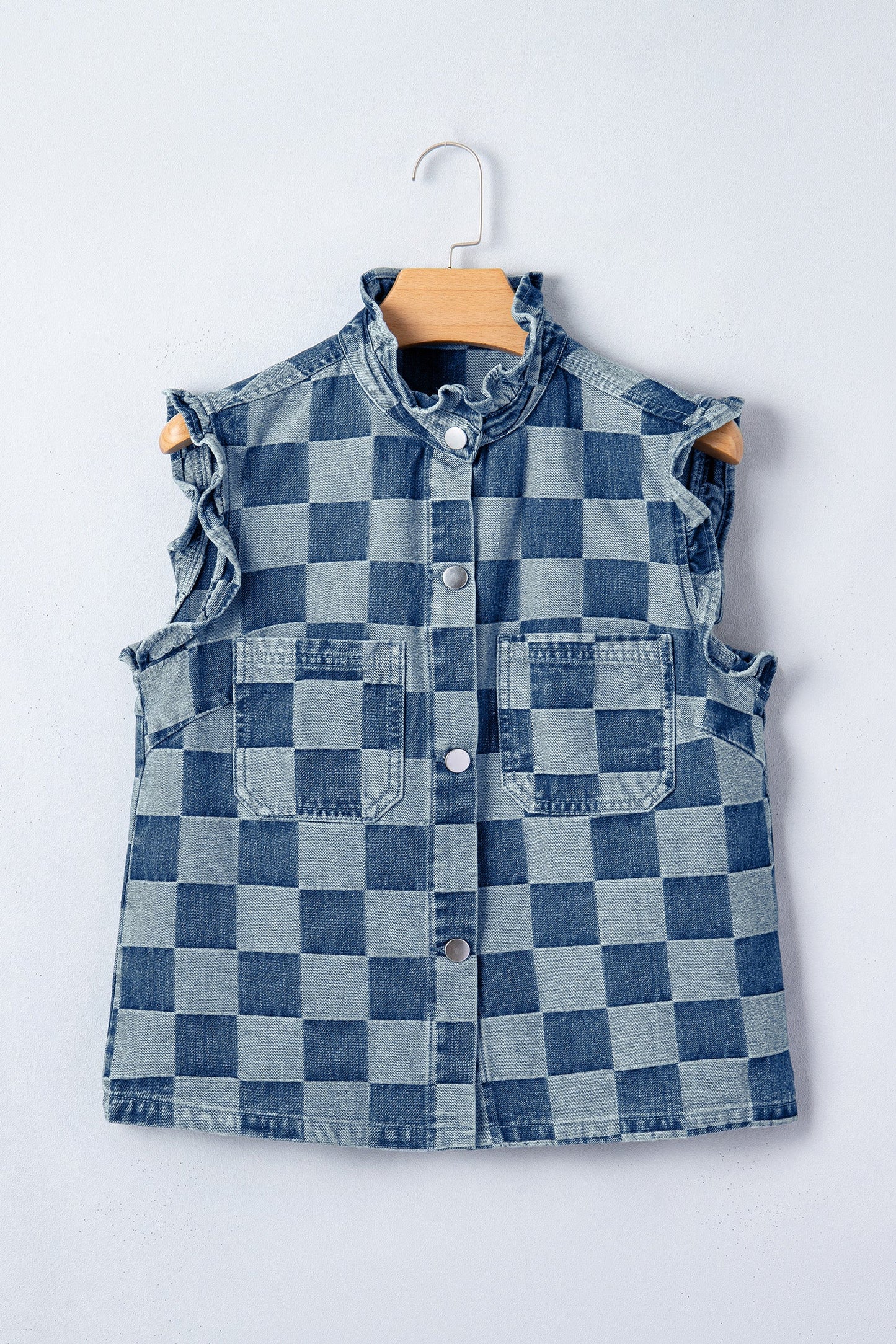 Checker Ruffle Trim Button Down Denim Vest