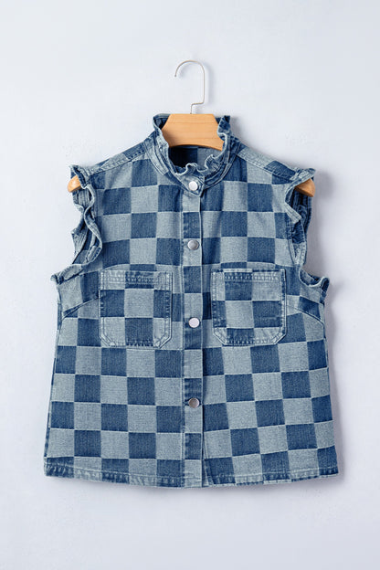 Checker Ruffle Trim Button Down Denim Vest