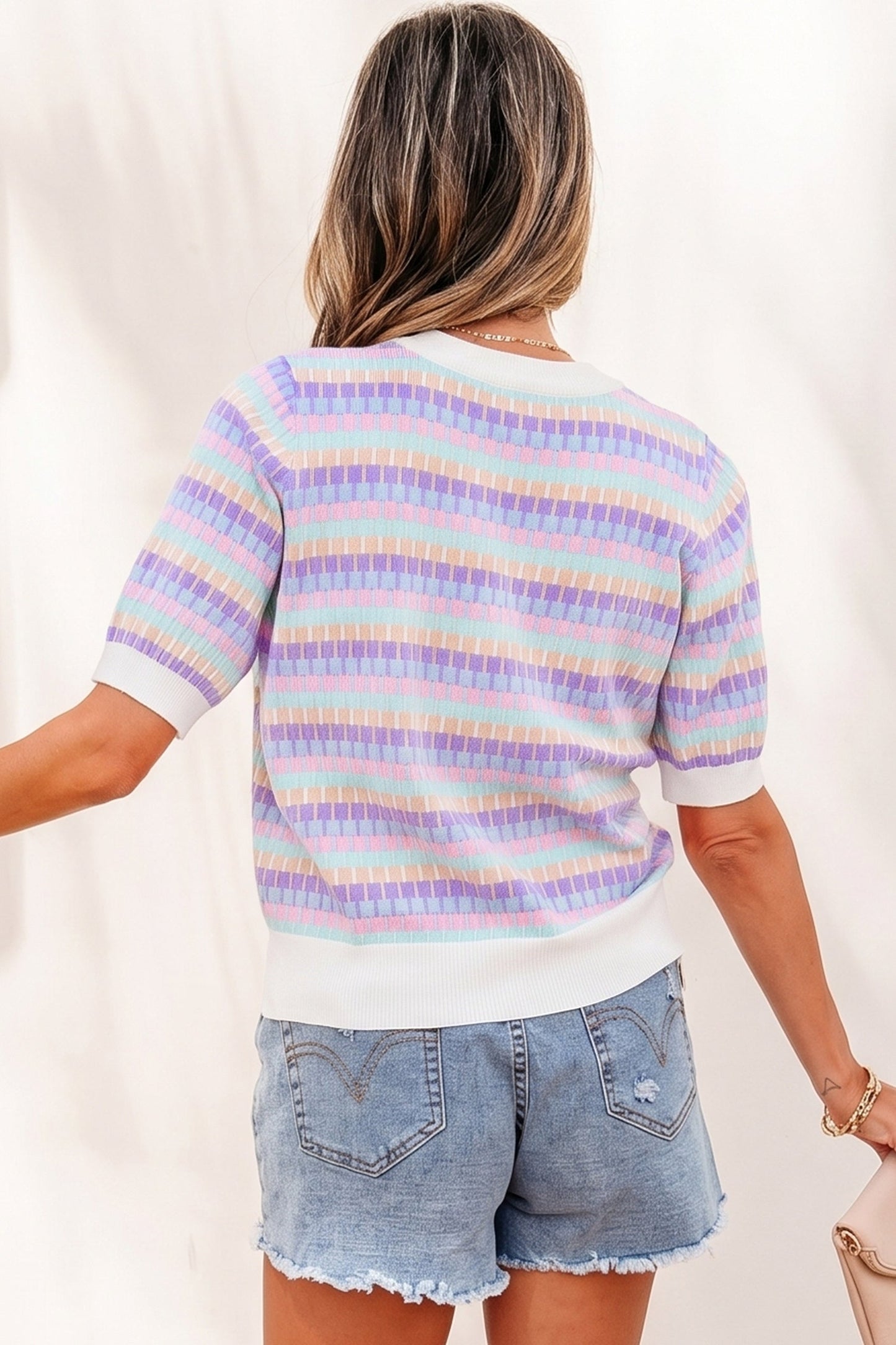 Abstract Stripe Short Sleeve Sweater Knit Top