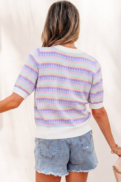 Abstract Stripe Short Sleeve Sweater Knit Top