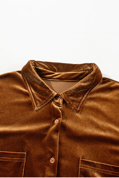 Plus Size Velvet Button-Up Pocketed Drop Shoulder Shirt