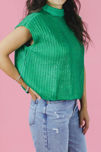 Solid Mock Neck Short Sleeve Knit Sweater
