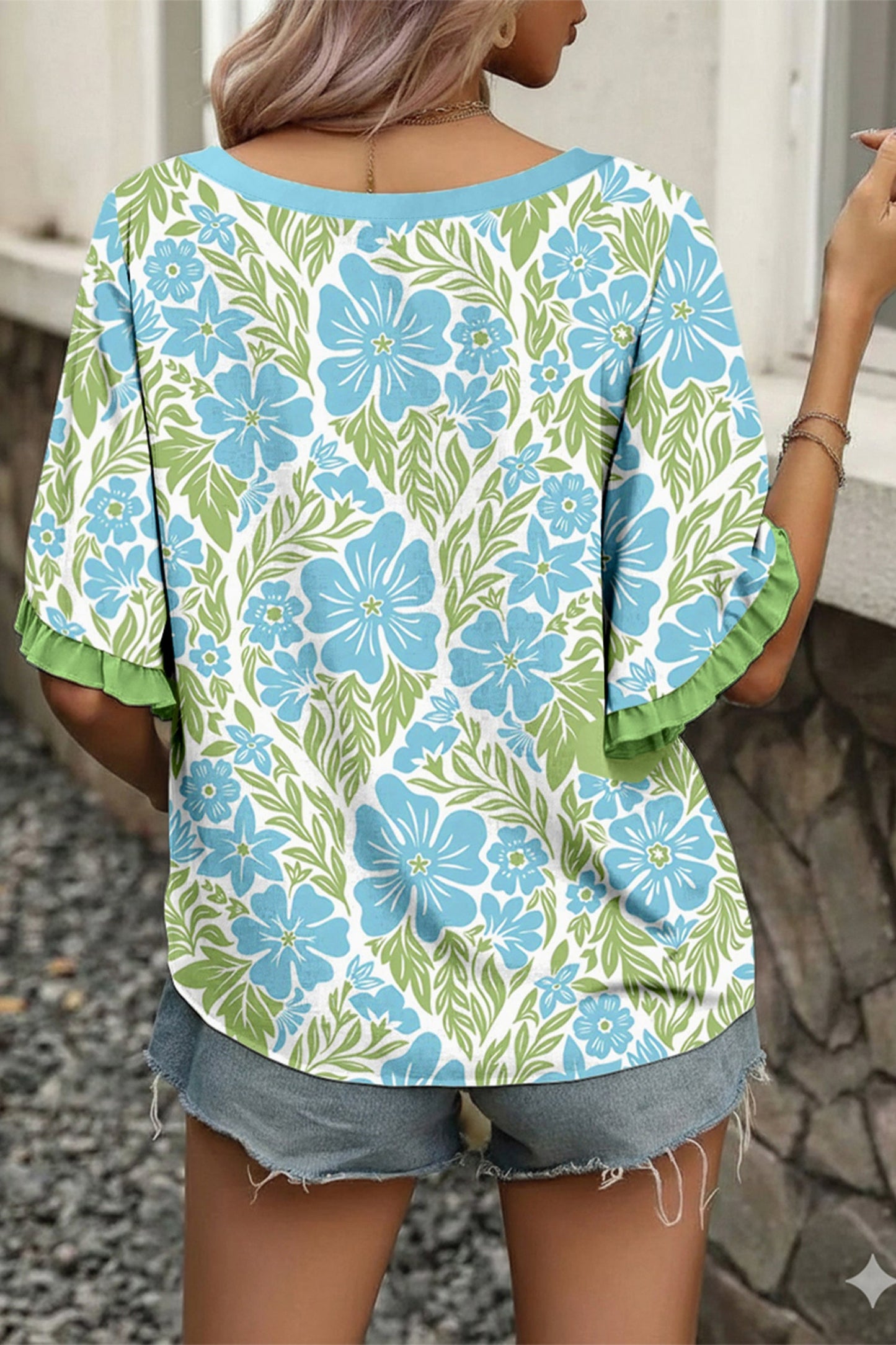 Floral Ruffle Colorblock Trim Short Sleeve Blouse