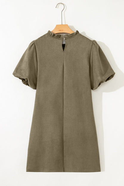 Frilled Round Neck Puff Sleeve Mini Dress