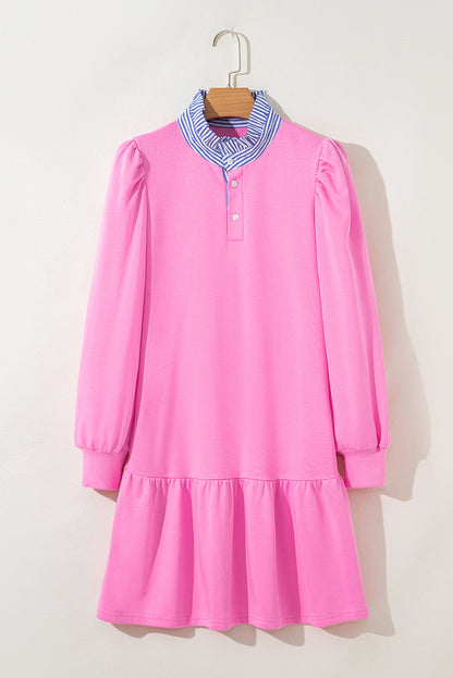 Stripe Contrast Collar Puff Sleeve Ruffle Mini Dress