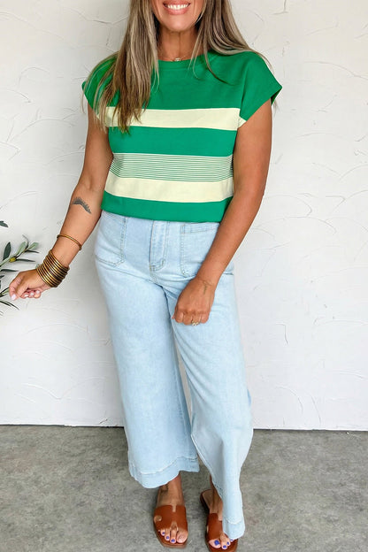 Stripe Mixed Crew Neck Cap Sleeve T-Shirt