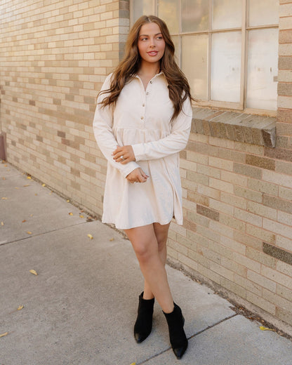Abigail Corduroy Half Button Collared Long Sleeve Dress - Oatmeal