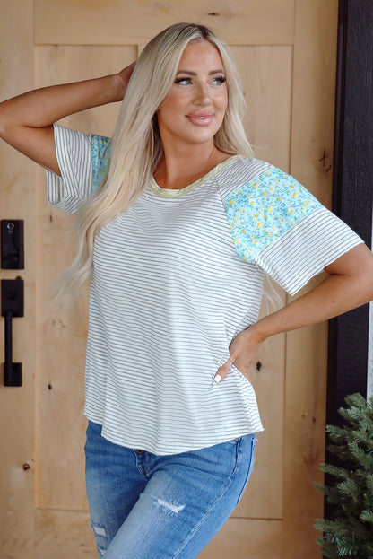 Floral Contrast Stripe Patchwork Raglan Sleeve Tee