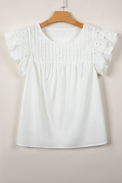 Lace Flutter Sleeve Pleated Round Neck Blouse