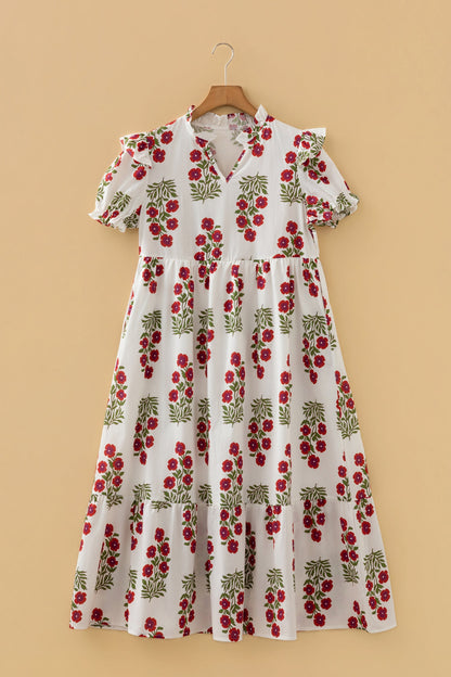 Floral Bubble Sleeve Tiered Maxi Dress