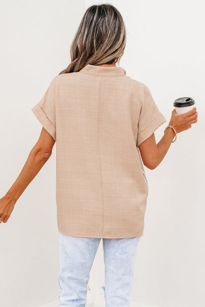 Crochet Lace Trim Rolled Short Sleeve Blouse