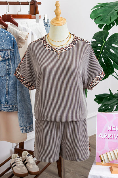 Leopard Trim Corded Top & Shorts Set