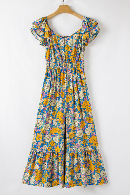 Floral Shirred High Waist Cut Out Jumpsuit