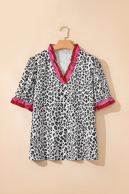 Leopard Ruffle Trim V-Neck Short Sleeve Blouse