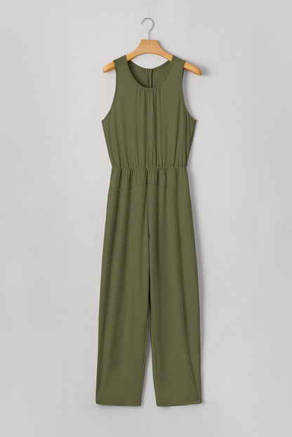 Solid Pleated Detail Sleeveless Elastic Waist Jumpsuit