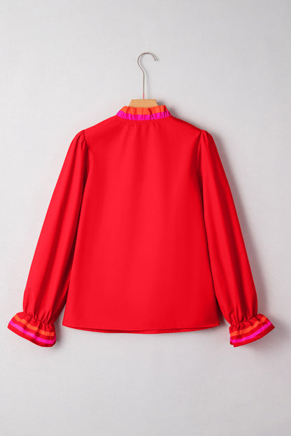 Stripe Trim Ruffle Split Neck Long Sleeve Blouse