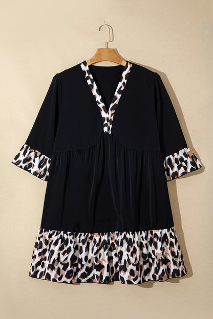Plus Size Leopard Patchwork V-Neck Ruffle Dress