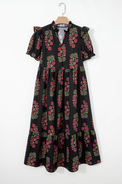 Floral Bubble Sleeve Tiered Maxi Dress