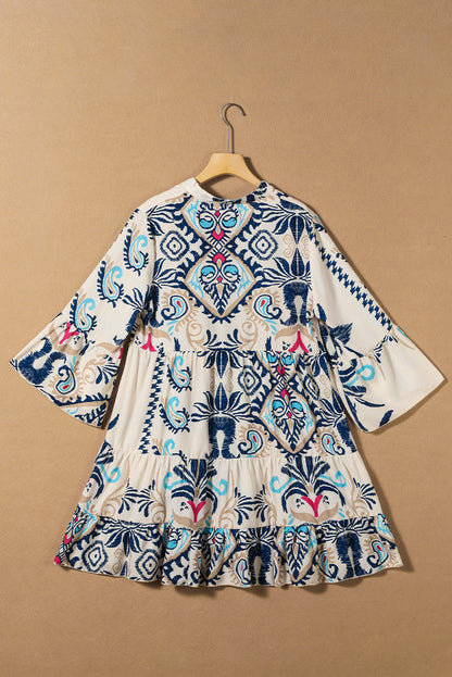 Boho Buttoned V-Neck 3/4 Sleeve Mini Dress