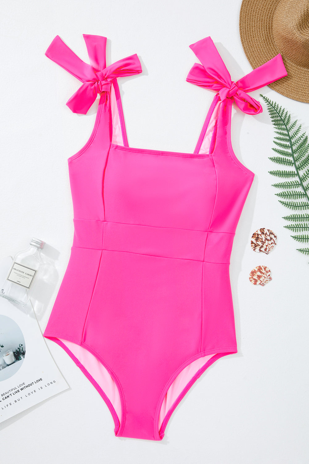 Solid Square Neck Tie Strap Open Back Swimsuit
