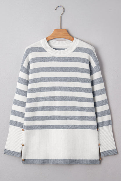 Stripe Ribbed Side-Button Drop Shoulder Sweater