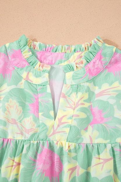 Floral Frilled V-Neck Bubble Sleeve Babydoll Blouse