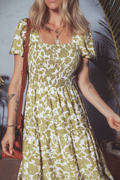 Boho Floral Smocked Square Neck Puff Sleeve Dress