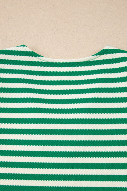 Stripe Patchwork Puff Short Sleeve V-Neck Blouse