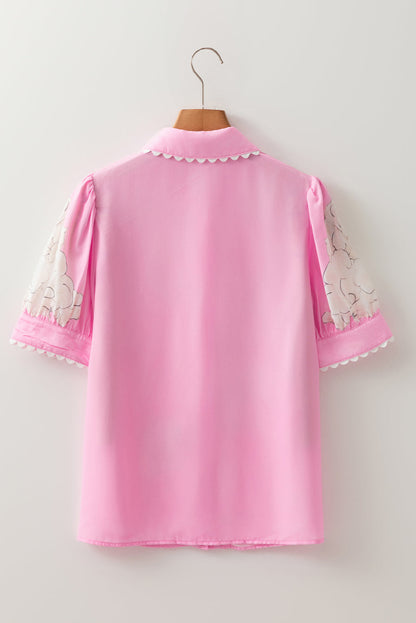Floral Ricrac Trim Puff Sleeve Buttoned Shirt