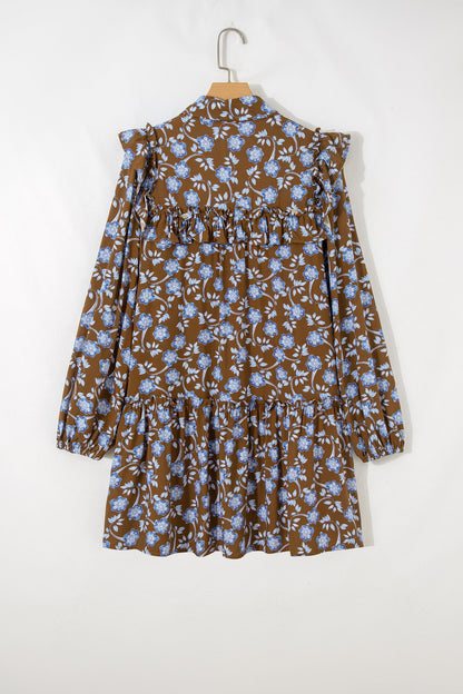 Floral Ruffle Shirt Collar Buttoned Long Sleeve Dress