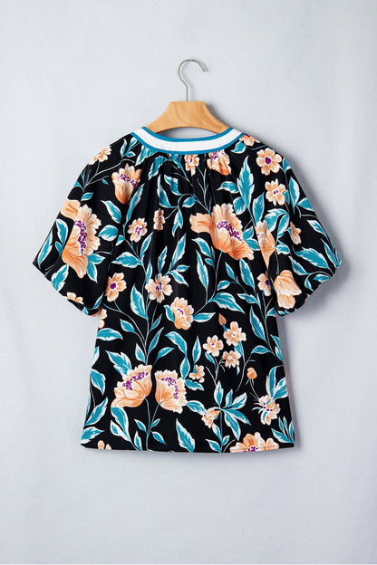 Floral Bubble Sleeve Buttoned Notch Neck Blouse