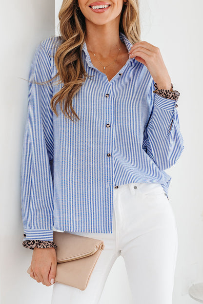 Stripe Leopard Ruffle Long Sleeve Buttoned Shirt