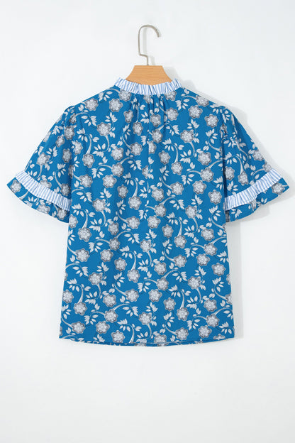 Floral Stripe Trim Tie-Neck Short Sleeve Blouse