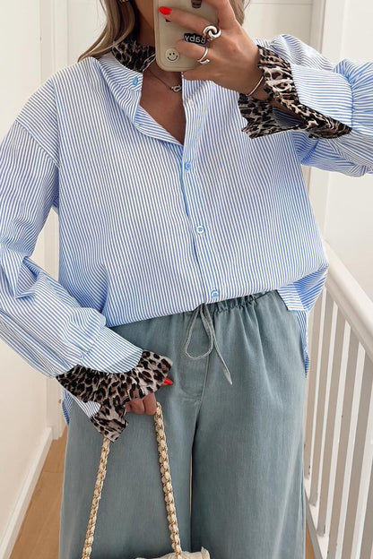 Stripe Patchwork Leopard Ruffle Long Sleeve Shirt