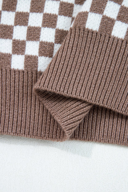 Checker Ribbed Trim Half-Button Sweater