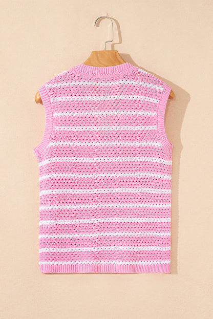 Stripe Buttoned V-Neck Sweater Knit Top