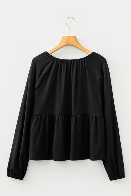 Solid Smocked Split V-Neck Buttoned Blouse